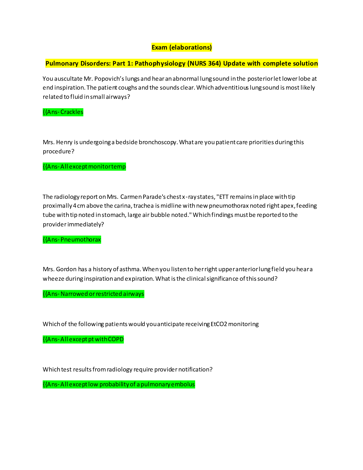 Preview image for Exam (elaborations) Pulmonary Disorders: Part 1: Pathophysiology (NURS 364) Update with complete solution